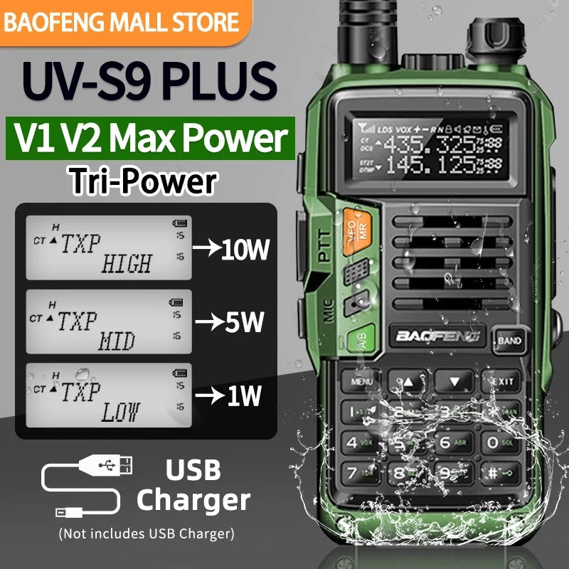 BAOFENG-walkie-talkie UV-S9 Plus V2, potente Radio bidireccional de mano, UHF, VHF, banda Dual, 16KM de largo alcance, resistente al agua, UV-5R Ham