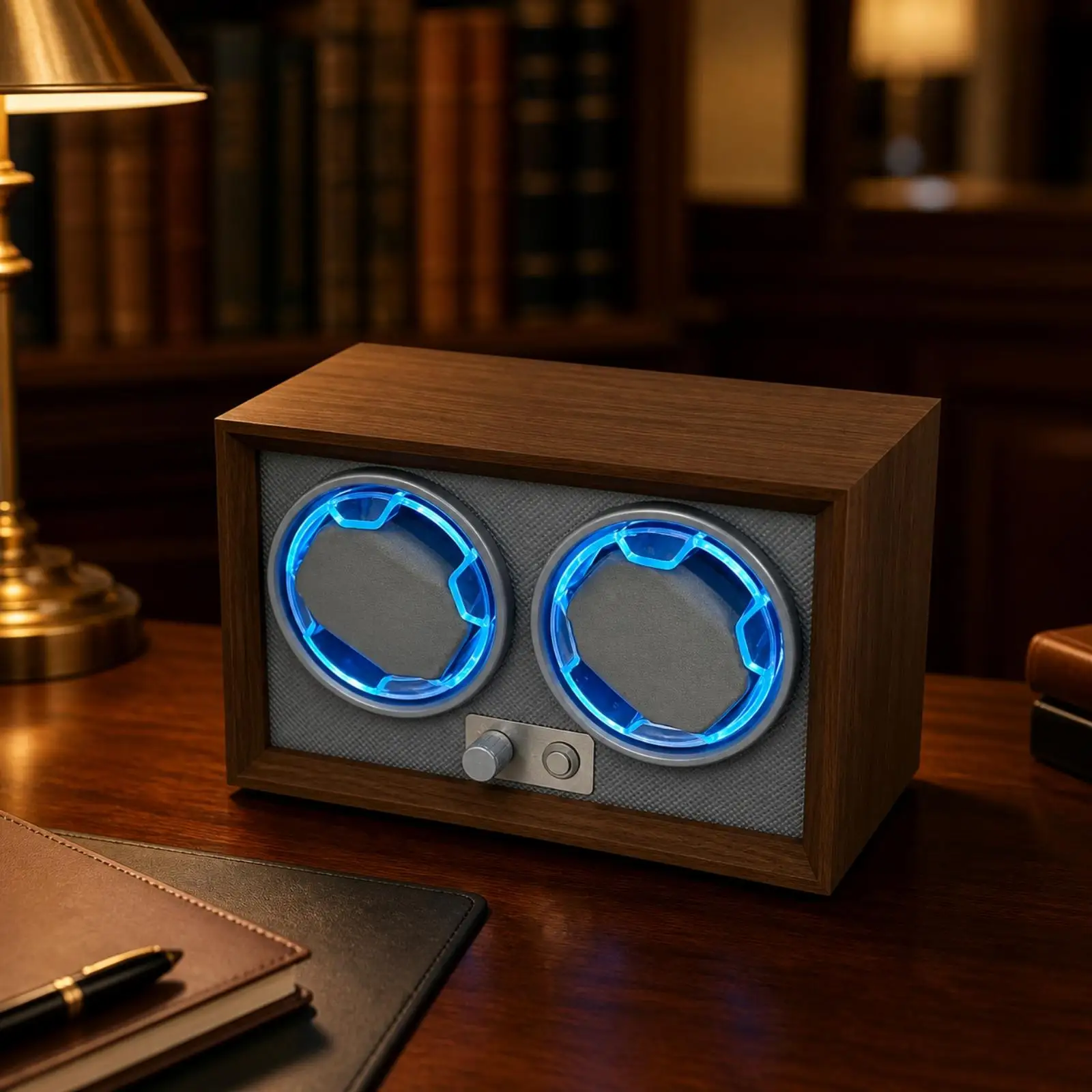 Low Noise Watch Winding Device for Automatic Timepieces with LED Lighting USB Powered Walnut Pattern Display Stand for Cabinet