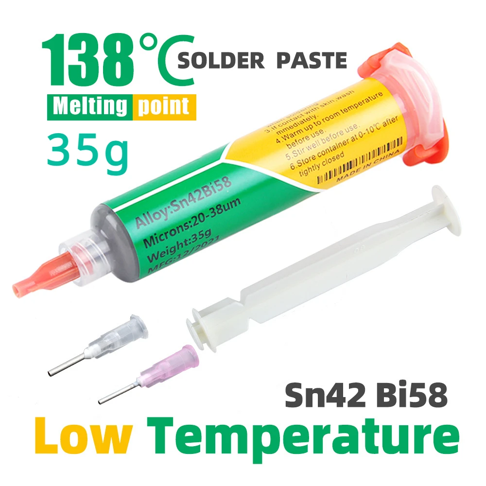 

Паяльная паста Sn42Bi58, 35 г, низкотемпературная паяльная паста 138 ° C, 1 нажимной стержень + 2 иглы типа