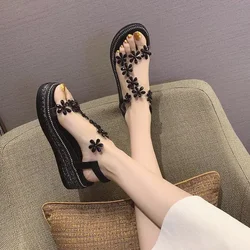 Clear Platform Sandals for Women Summer 2024 One Word Black Beach Ladies Shoes Outdoor Open Toe Buckles Footwear Roman Style Vip