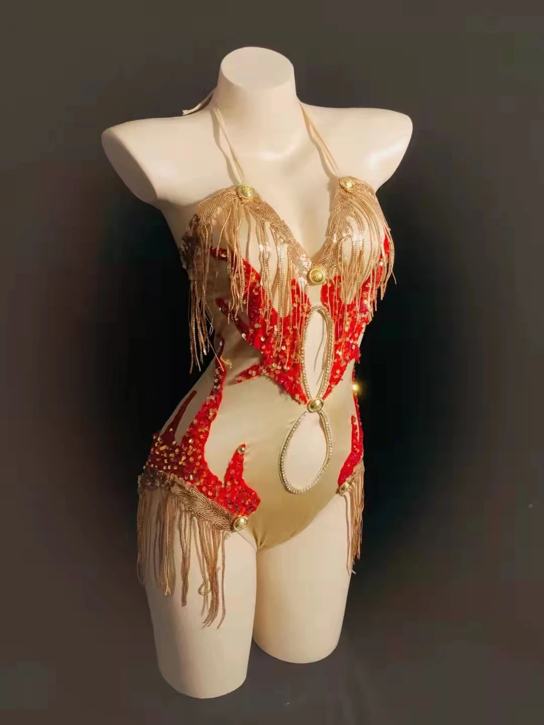 Sexy Adult Women DJ Pole Dancing Costume Gold Red Sequins Backless Bodysuit Leotard Bar Nightclub Tight Performance Stage Wear