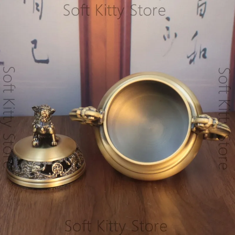 Brass Dragon and Phoenix Lowen Incense Burner Elephant Foot with Cover Kirin Town House Incense Burner Household Binaural Tripod