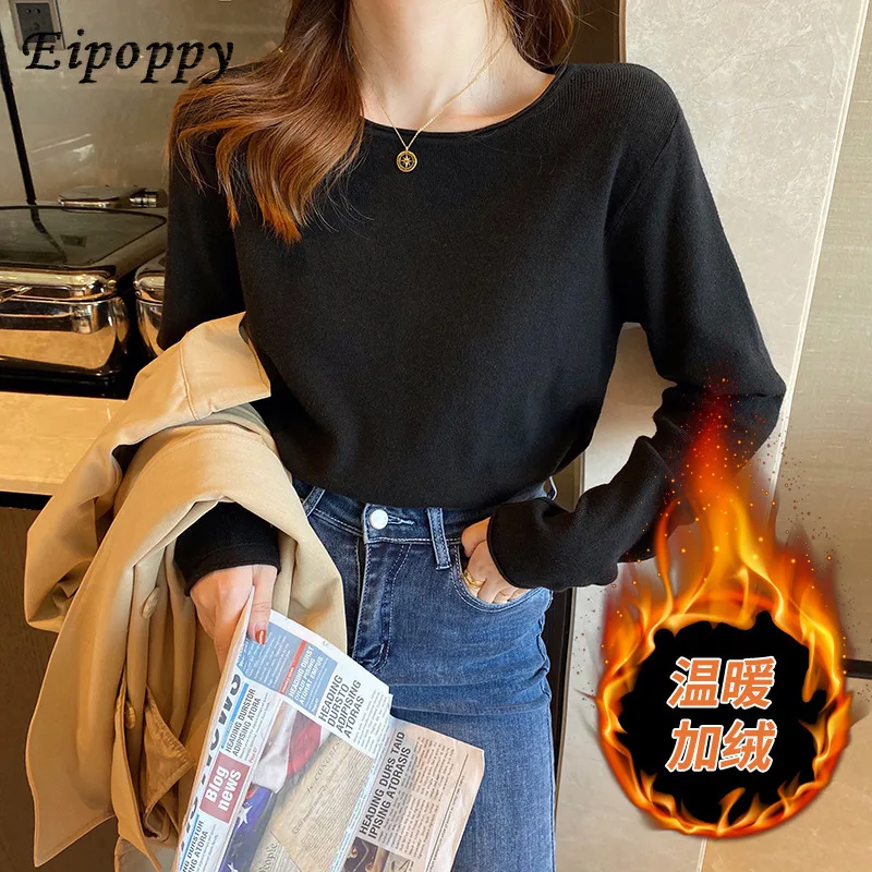 بلوفر نسائي مخملي برقبة مستديرة ، سترة سميكة ، قميص قاع ، أحادي اللون ، داخلي