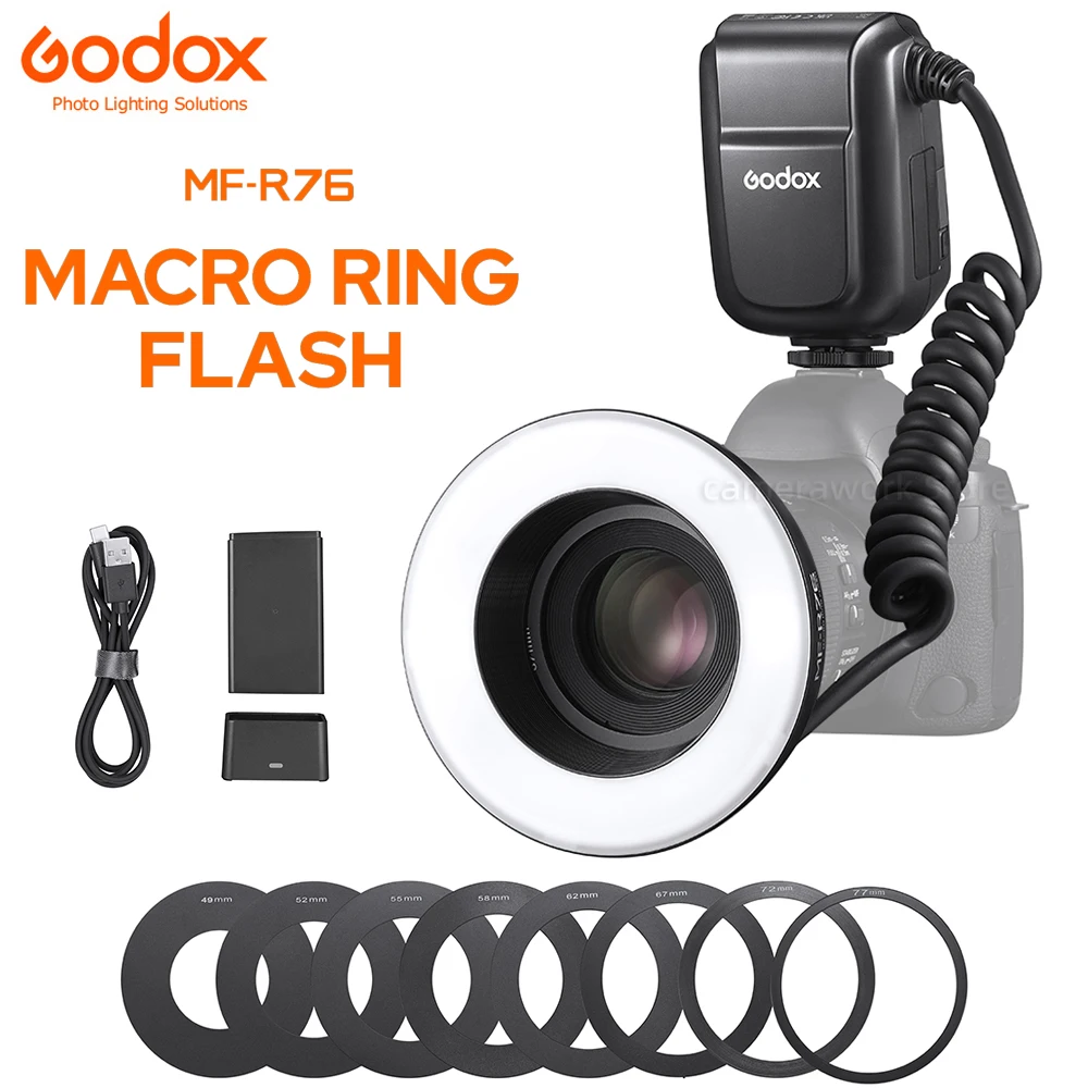 Godox MF-R76 ماكرو LED مصباح مصمم على شكل حلقة 5000K RING76 ماكرو عن قرب Speedlite ضوء فلاش لكانون نيكون 6D 7D 60D 70D كاميرات DSLR