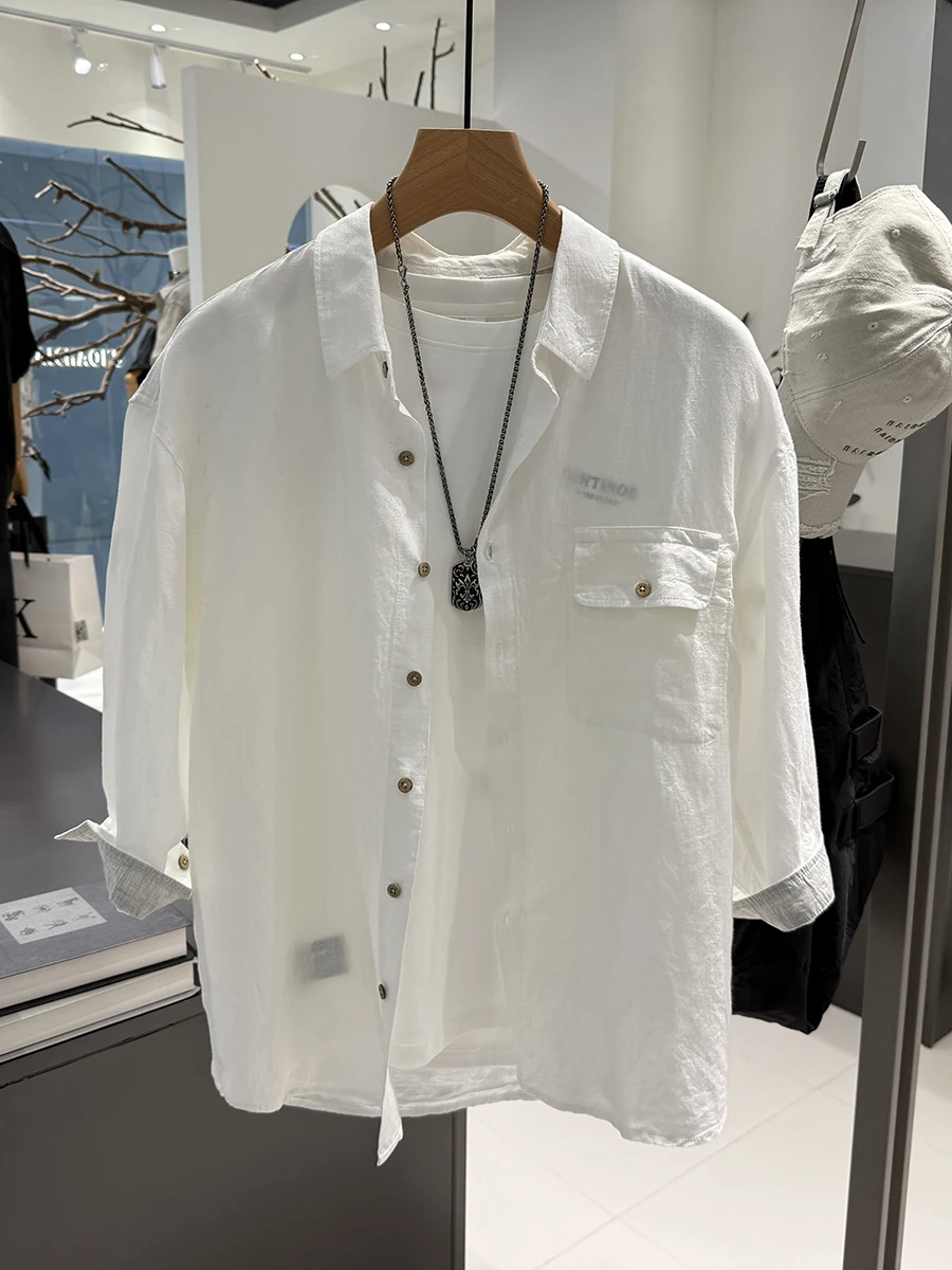 

Мужская летняя тонкая дышащая повседневная рубашка свободного кроя с рукавом 3/4, модная, удобная, из смесового хлопка и полиэстера, для повседневной носки