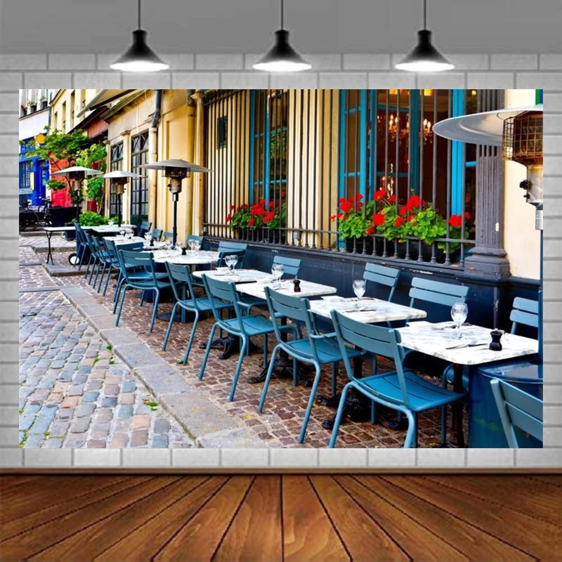 French Restaurant Photography Backdrop European City Street Bistro Outdoor Dining Table Background Urban Lane Bar Streetscape