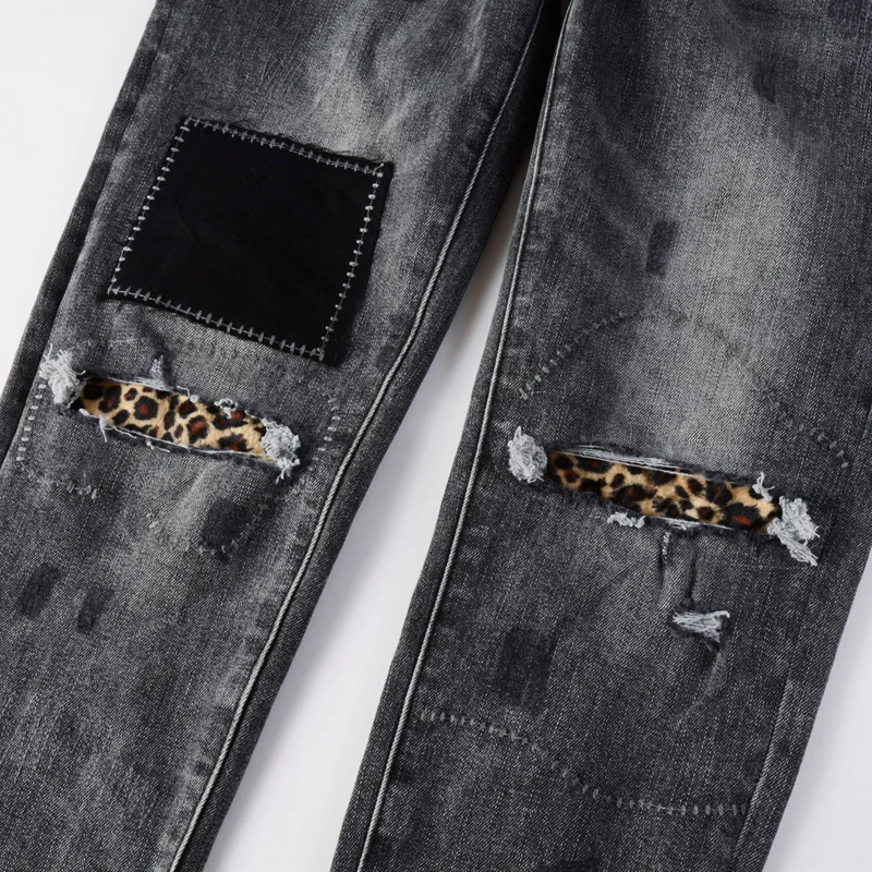 Jeans Merek Tren Amerika Celana Skinny Denim Tambalan Robek Pria Abu-abu Asap High Street Celana Kaki Lurus Melar Musim Panas