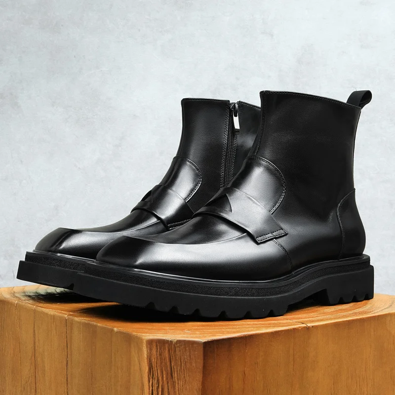 

Men’s Genuine Cow Leather Boots Banquet Business Suits Cowhide Black Luxury Shoes Slip On Man Winter