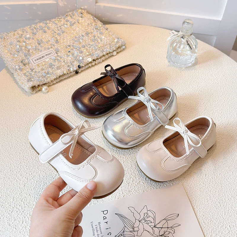 

Кожаные туфли First Walker с ремешком на щиколотке, новинка 2023 года, осенние туфли принцессы для малышей с бантом, широкий носок, школьные танцевальные туфли на плоской подошве