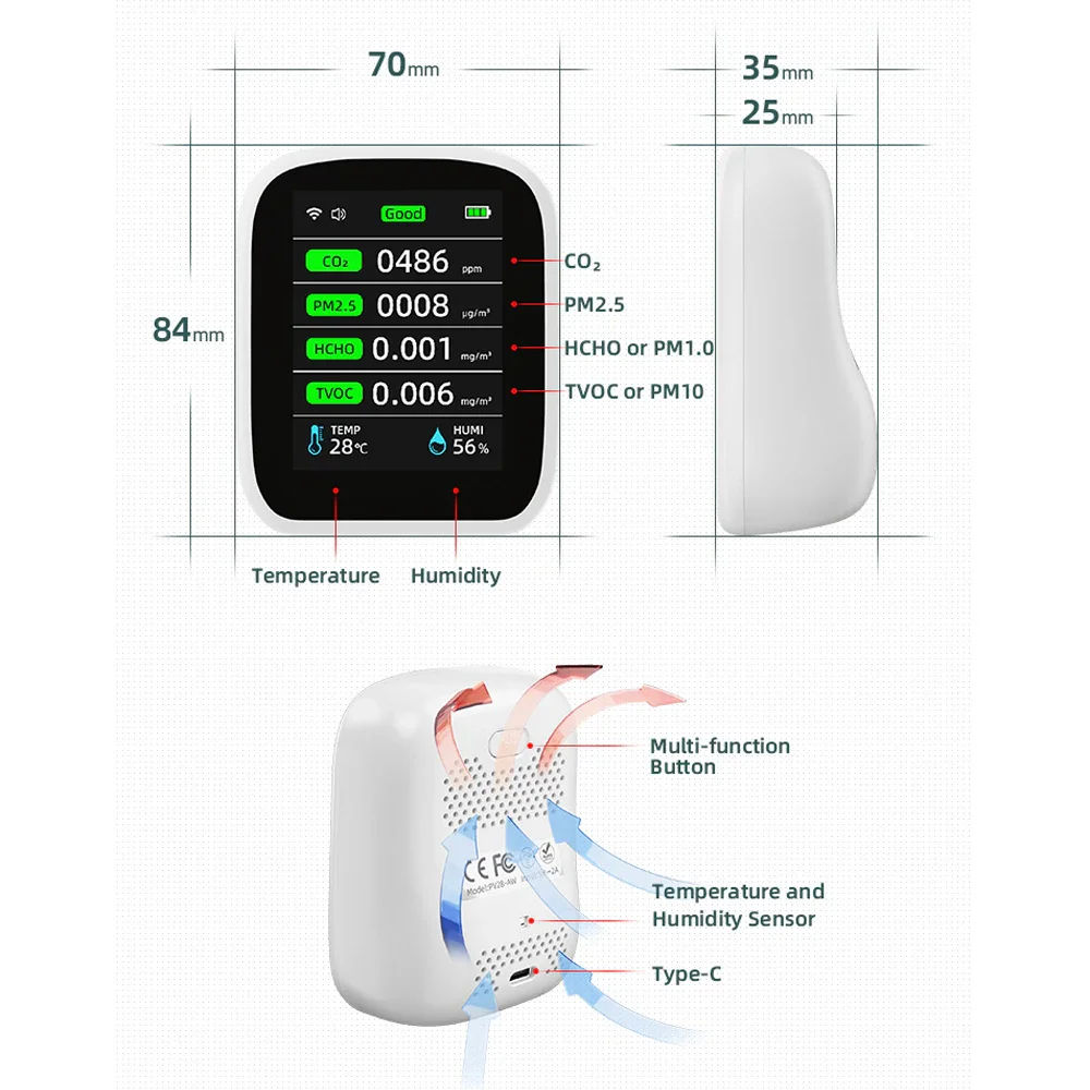 Tuya Wifi Portable Air Quality Meter 8in1 PM1.0 PM2.5 PM10 CO2 TVOC HCHO Temperature and Humidity Tester Carbon Dioxide Detector