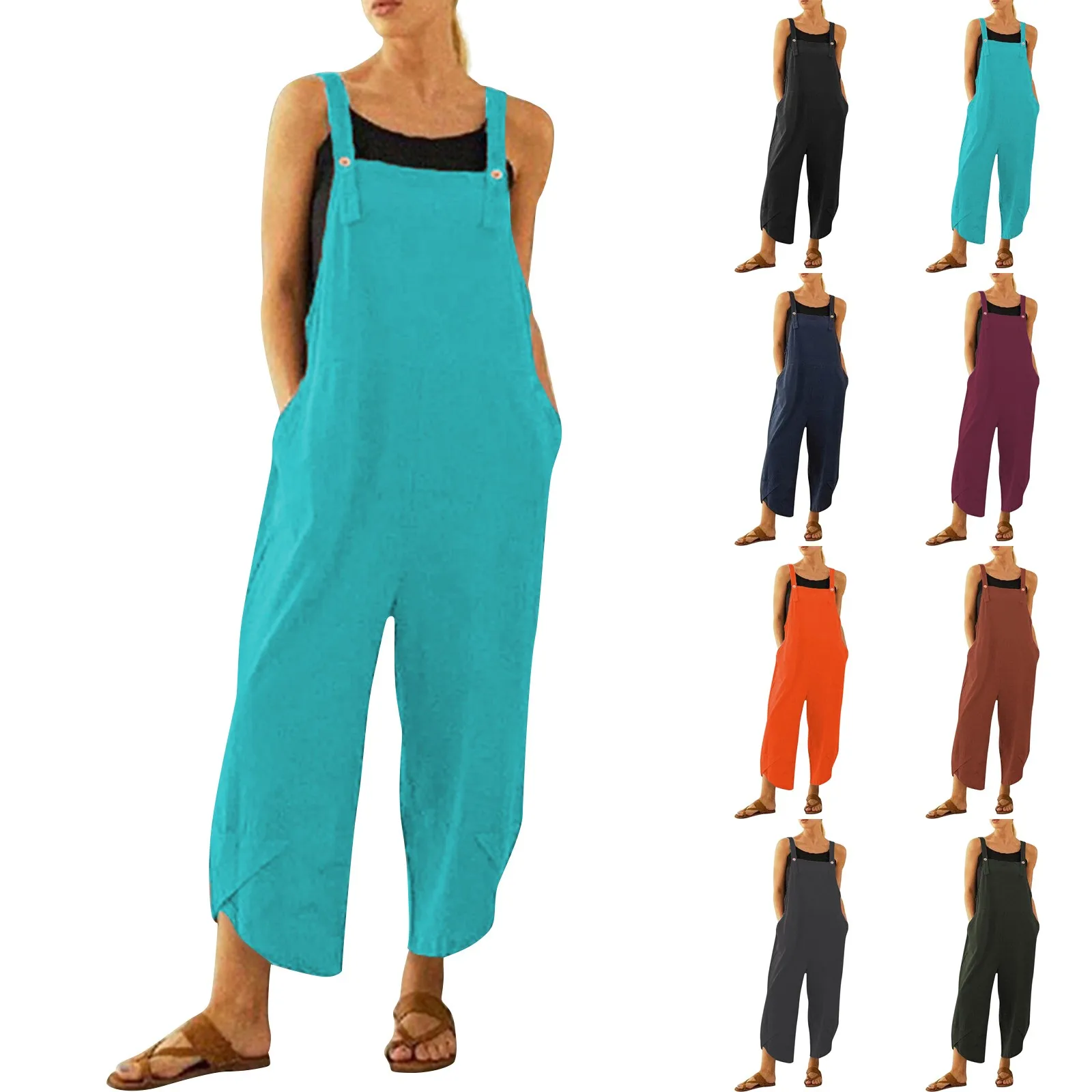 2024 Summer New Women Wear Suspender Jumpsuit Solid Color Pocket Wide Leg Pants Nine Point Pants