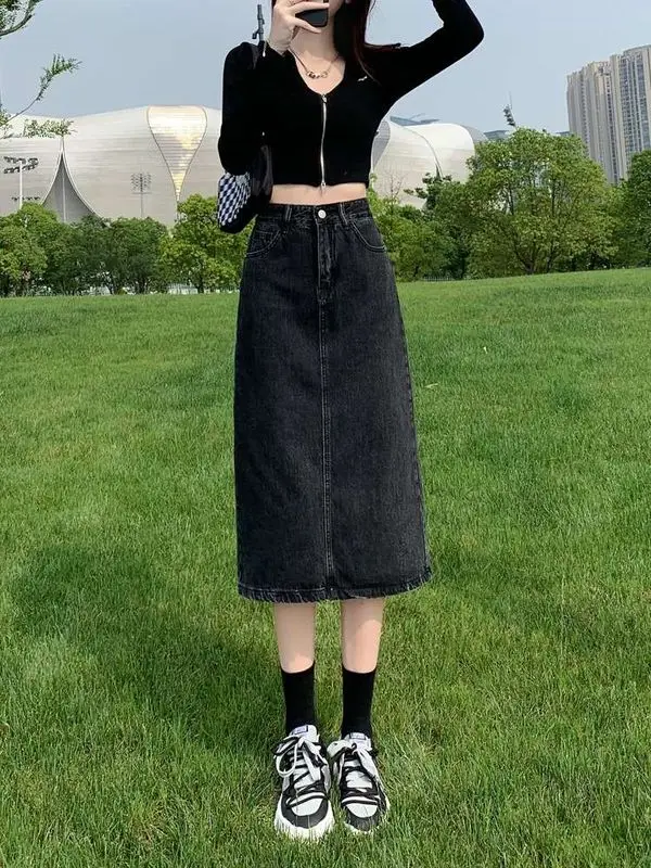 

Новая женская джинсовая юбка средней длины с высокой талией для весны, из ПВХ-ткани, для повседневной носки, в стиле Ciwalk Batwing