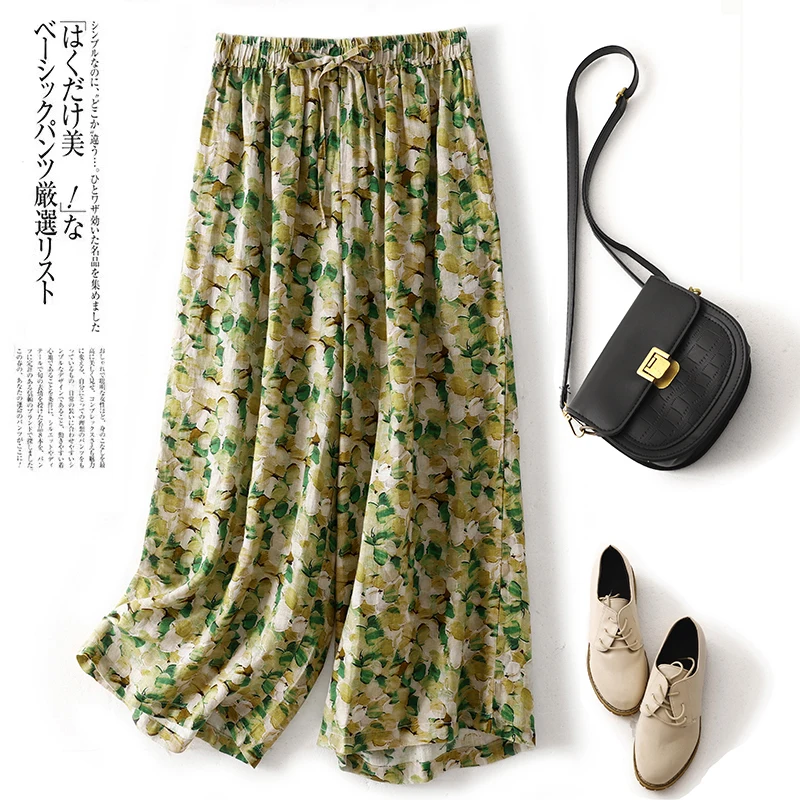 

Cotton Linen Printed High Waist Wide Leg Pants Women's Summer New Korean Style Retro Artistic Loose Lace-up Elegant Casual Strai