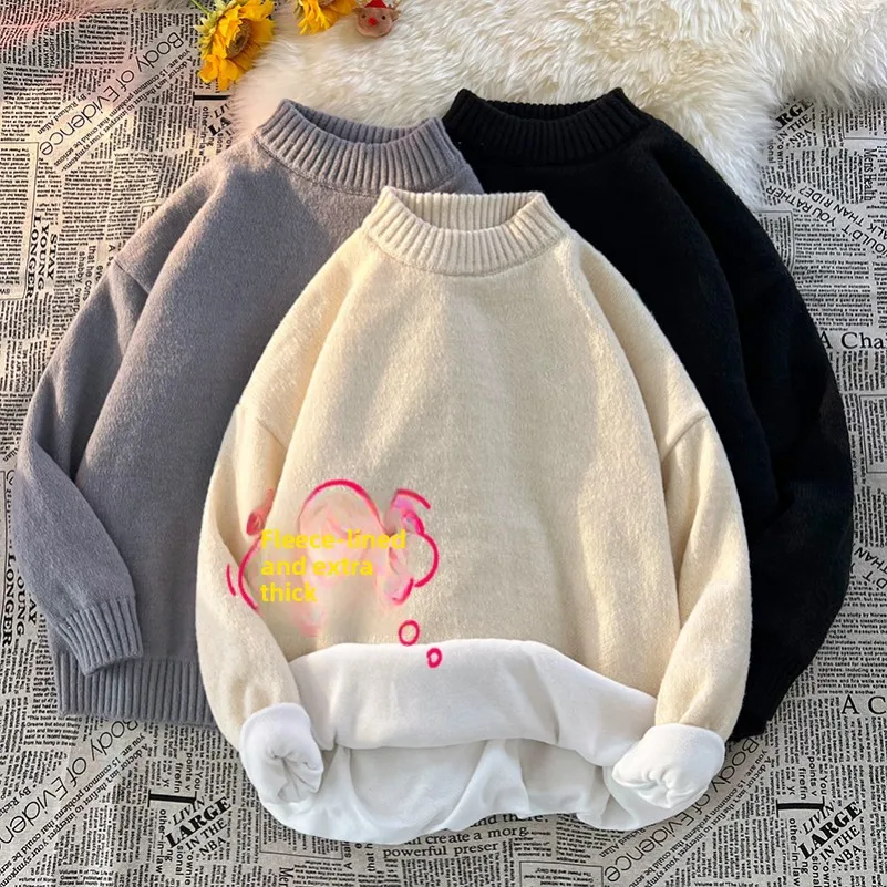 

Утепленный флисовый теплый зимний вязаный свитер: модная верхняя одежда для подростков, повседневный свободный крой, длинный рукав, круглый вырез, цветной