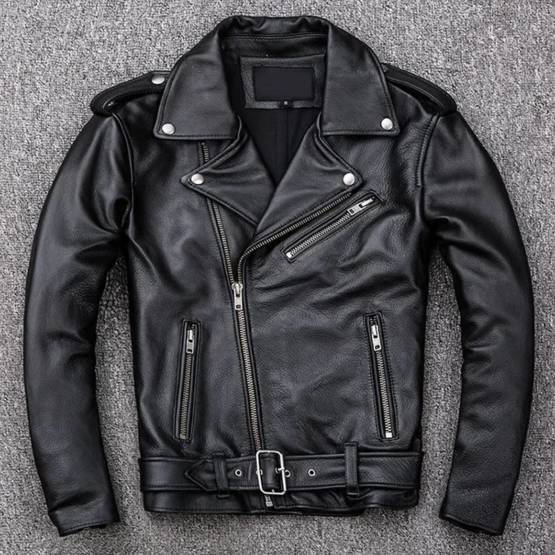 Spring Classical Motorcycle Oblique Zipper Jackets Men Leather Natural Calf Skin Thick Slim Cowhide Moto Biker Man