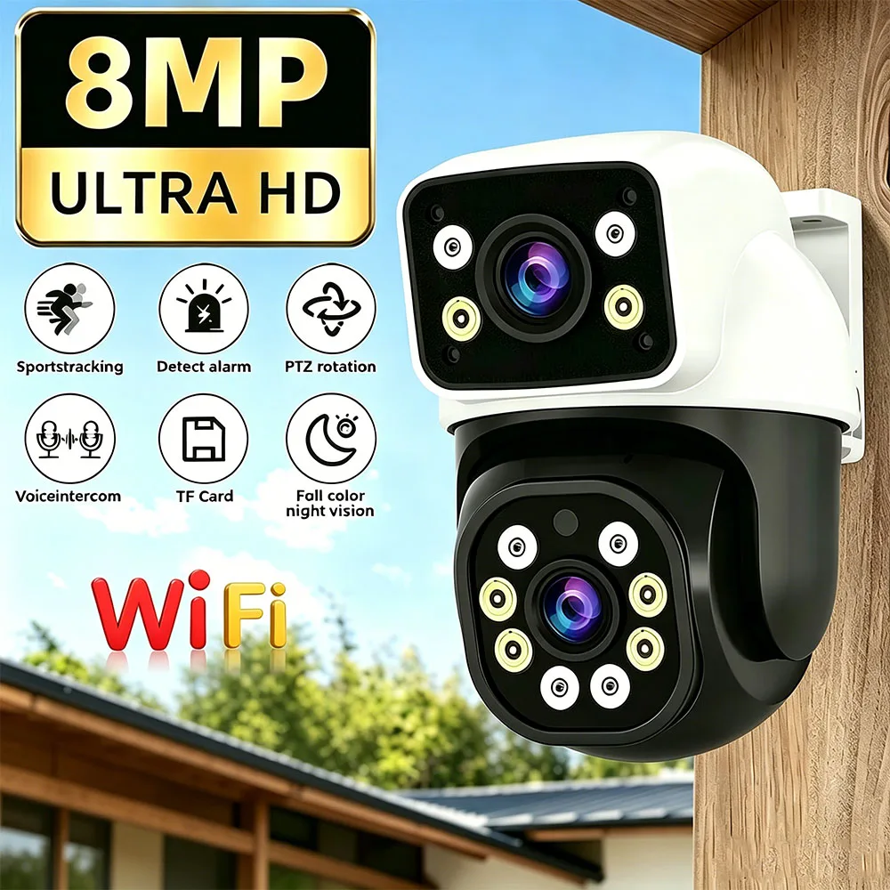 8MP Dual Lens WiFi IP Camera Outdoor Auto Tracking Two Way Audio Dual Screen HD Night Vision Home Security CCTV Surveillance Cam