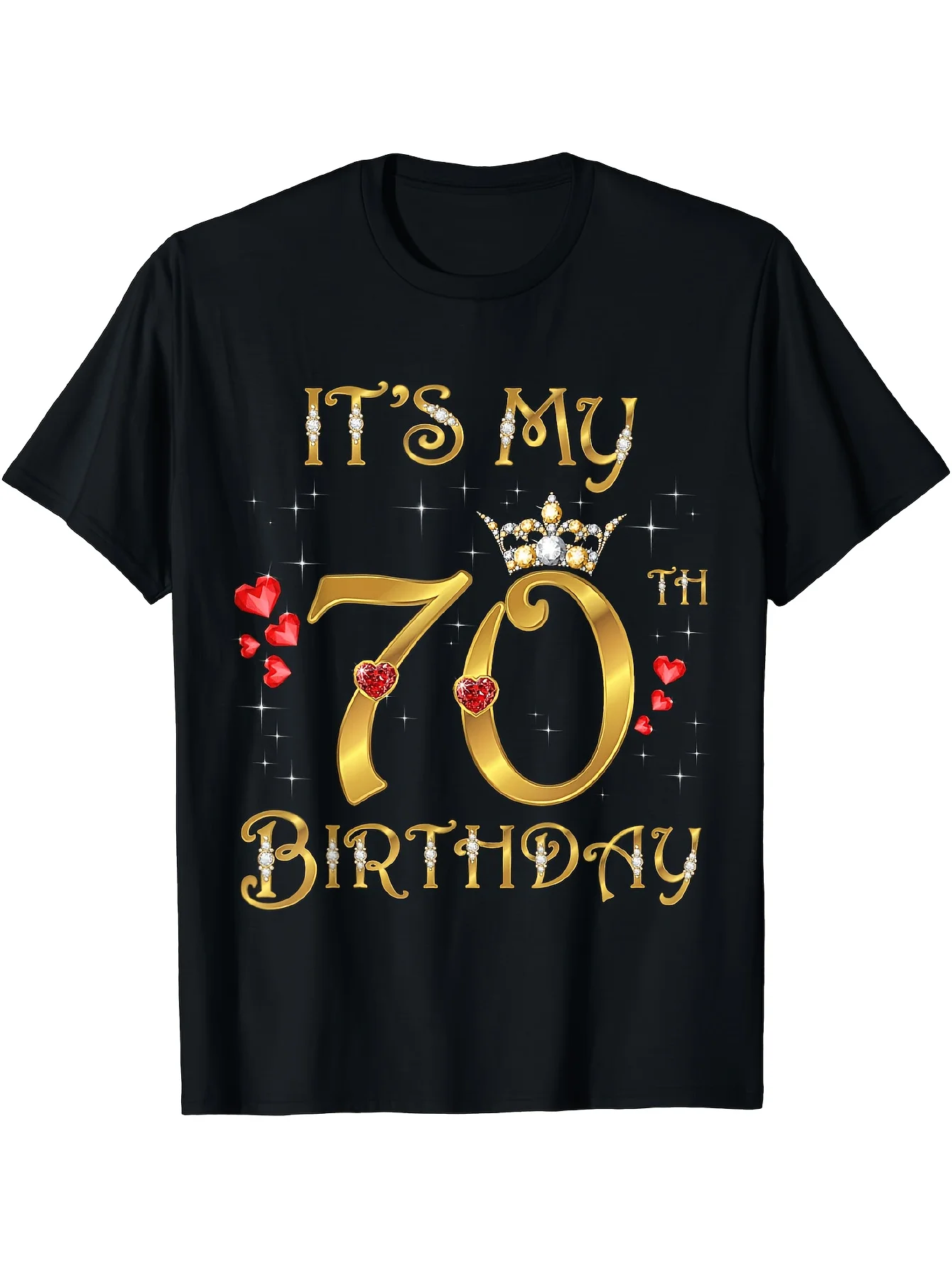 Men's 70th Birthday Queen T-Shirt - Golden & Black Glitter Party Design with Number 70, & Balloons - Soft Breathable Pure Cotton Crew Neck Short Sleeve Casual & Celebration Wear
