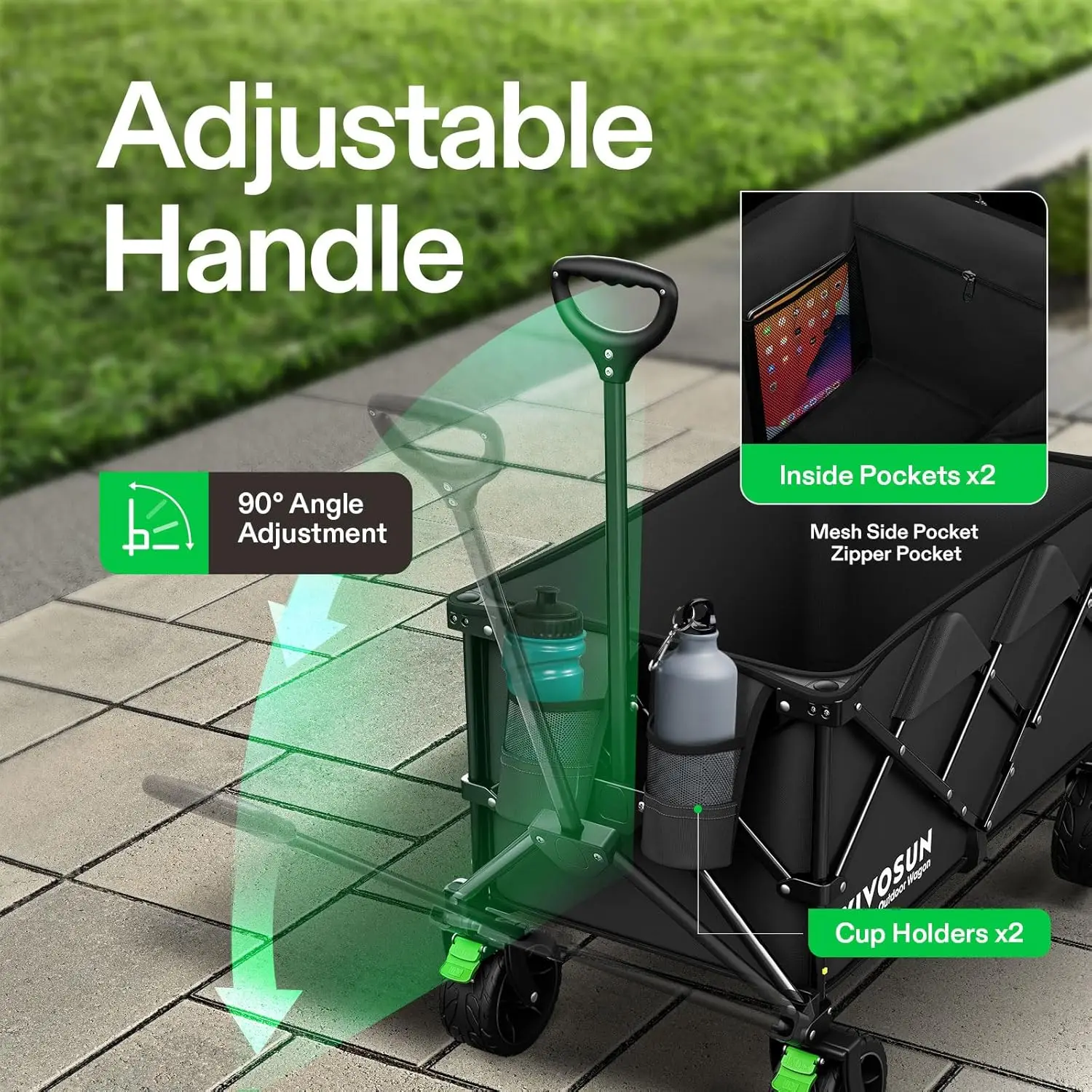عربة قابلة للطي مع عجلات صامتة لجميع التضاريس، ومقبض قابل للتعديل، وحاملات أكواب وجيوب للاستخدام الخارجي