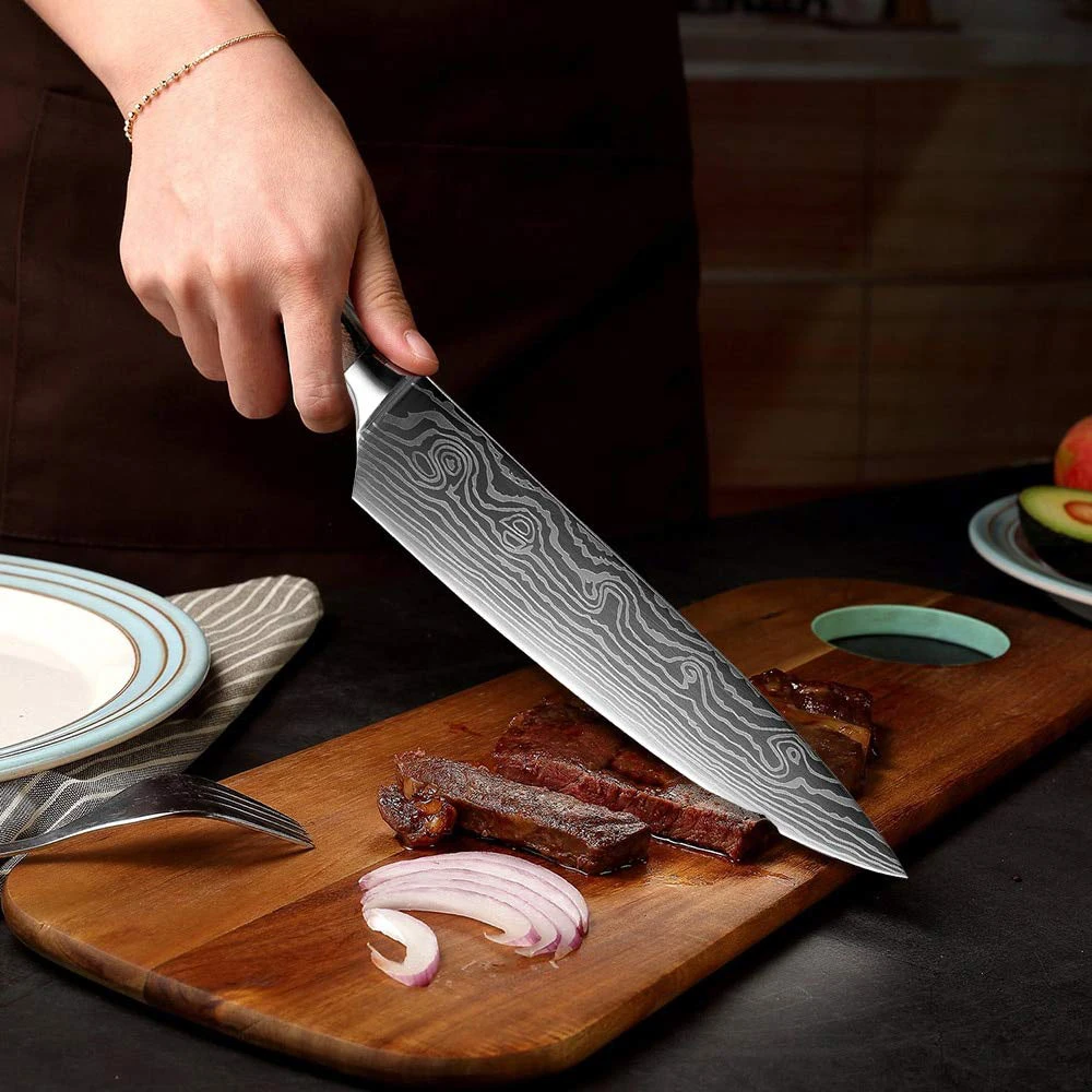 Premium Kitchen Knife Set Sharp Japanese Chef knife Santoku knife with Laser Damascus Pattern Very Fast Cutting Cleaver 1-10Pcs