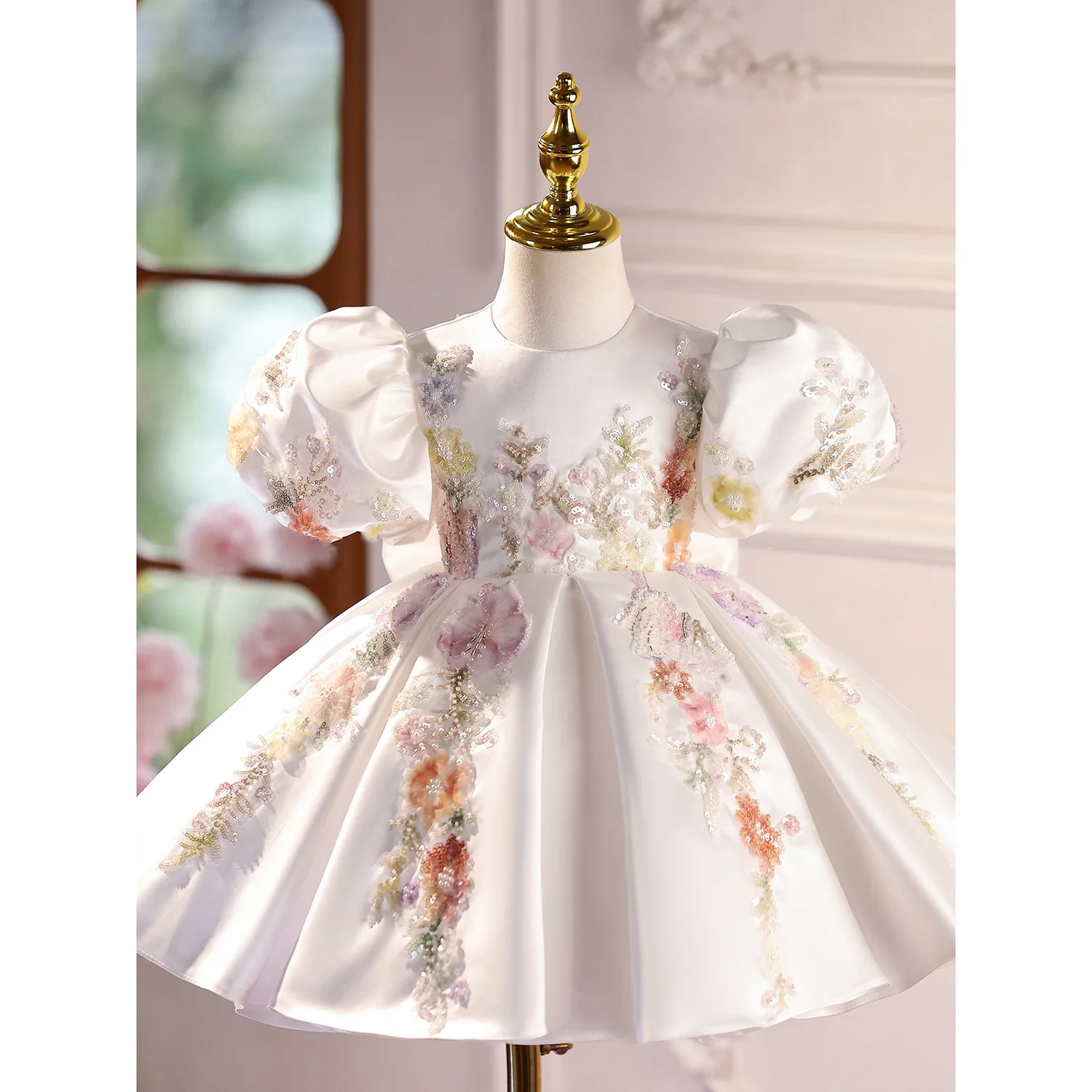 Toddler Girls Floral Sequin Satin Round Neck Dress Puff Sleeves Formal Gown Perfect For Piano Or 1st Birthday Party Summer