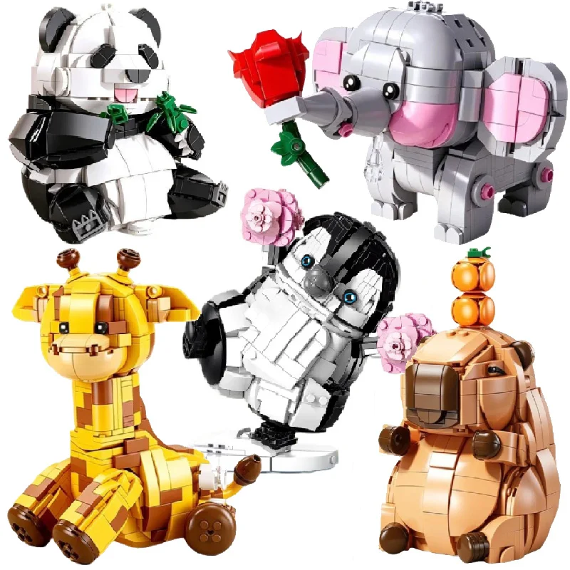 

Creative DIY Cartoon Animal Buildng Blocks Set 3 In 1 Assembly Panda Elephant Giraffe Penguins Capybara Model Bricks Toys Gifts