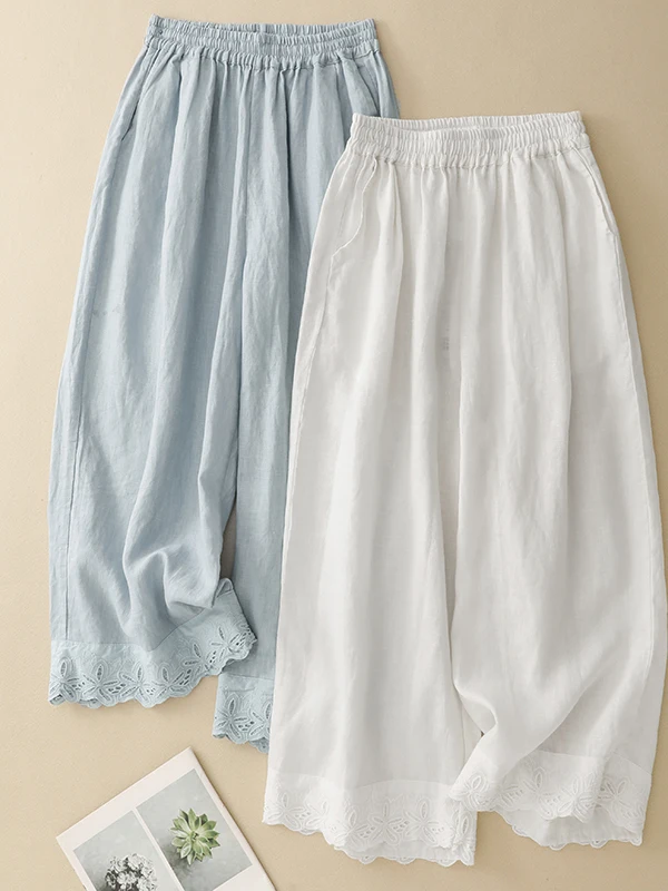 

Artistic Embroidered Lace Pure Color Linen Wide Leg Pants Loose Fit Casual Slimming Seven-Foot Summer Trousers for plus Size ...