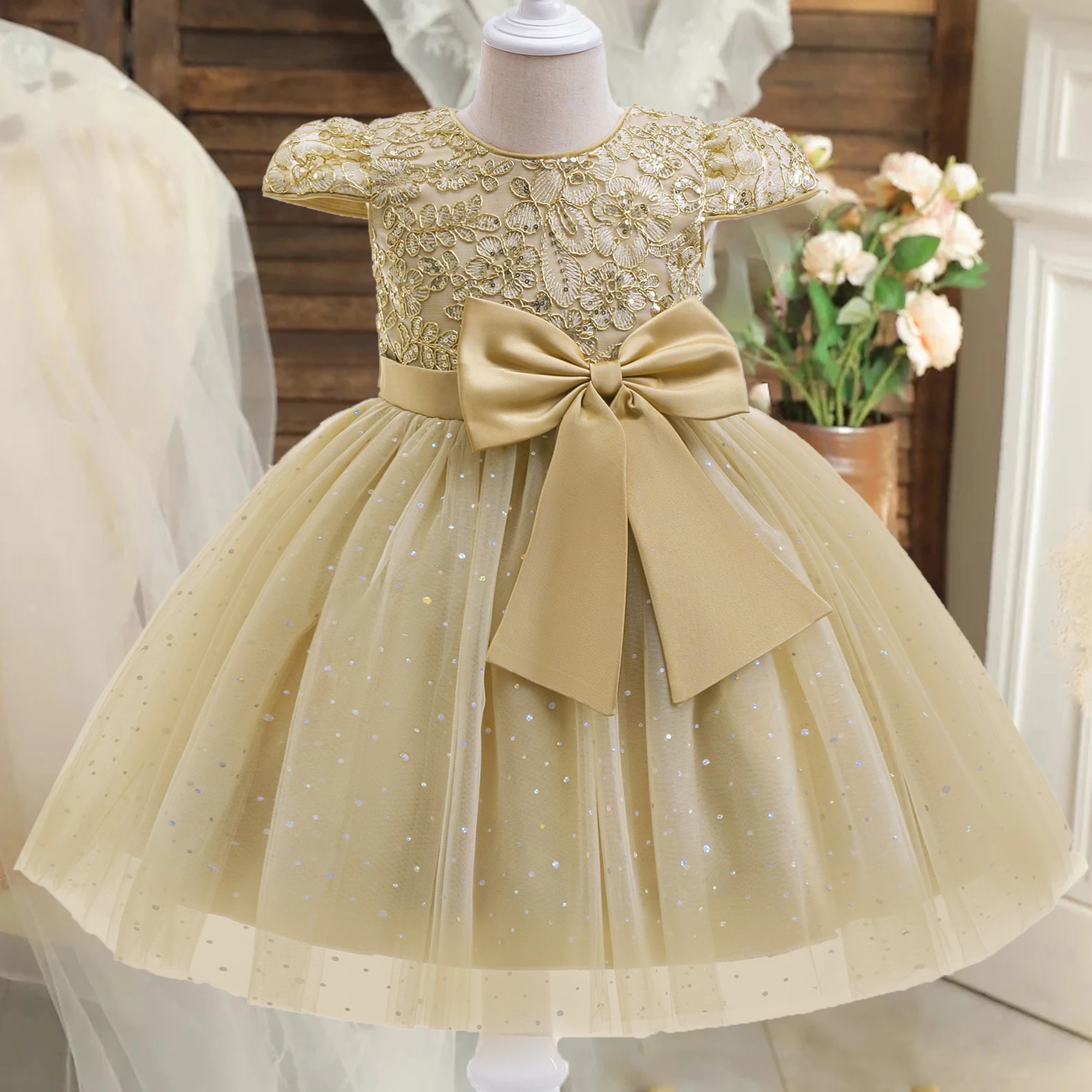 

Summer Flower Party Girls Dresses Elegant Bow Birthday Bridesmaid Prom Gown Luxury Wedding Princess Dress Girl Christmas Costume
