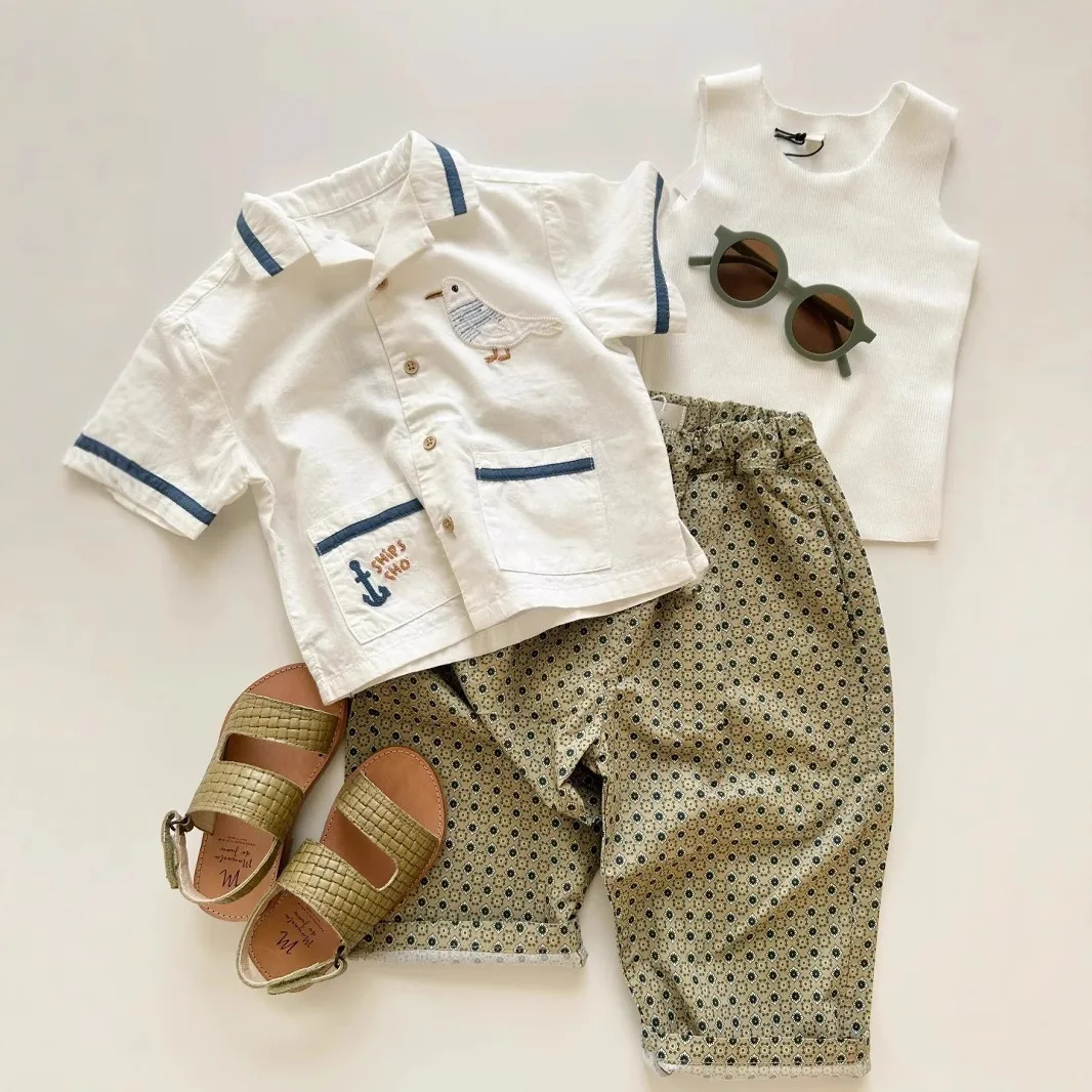Baby shirt 2025 summer new animal print children's college style top trendy handsome boys' clothes
