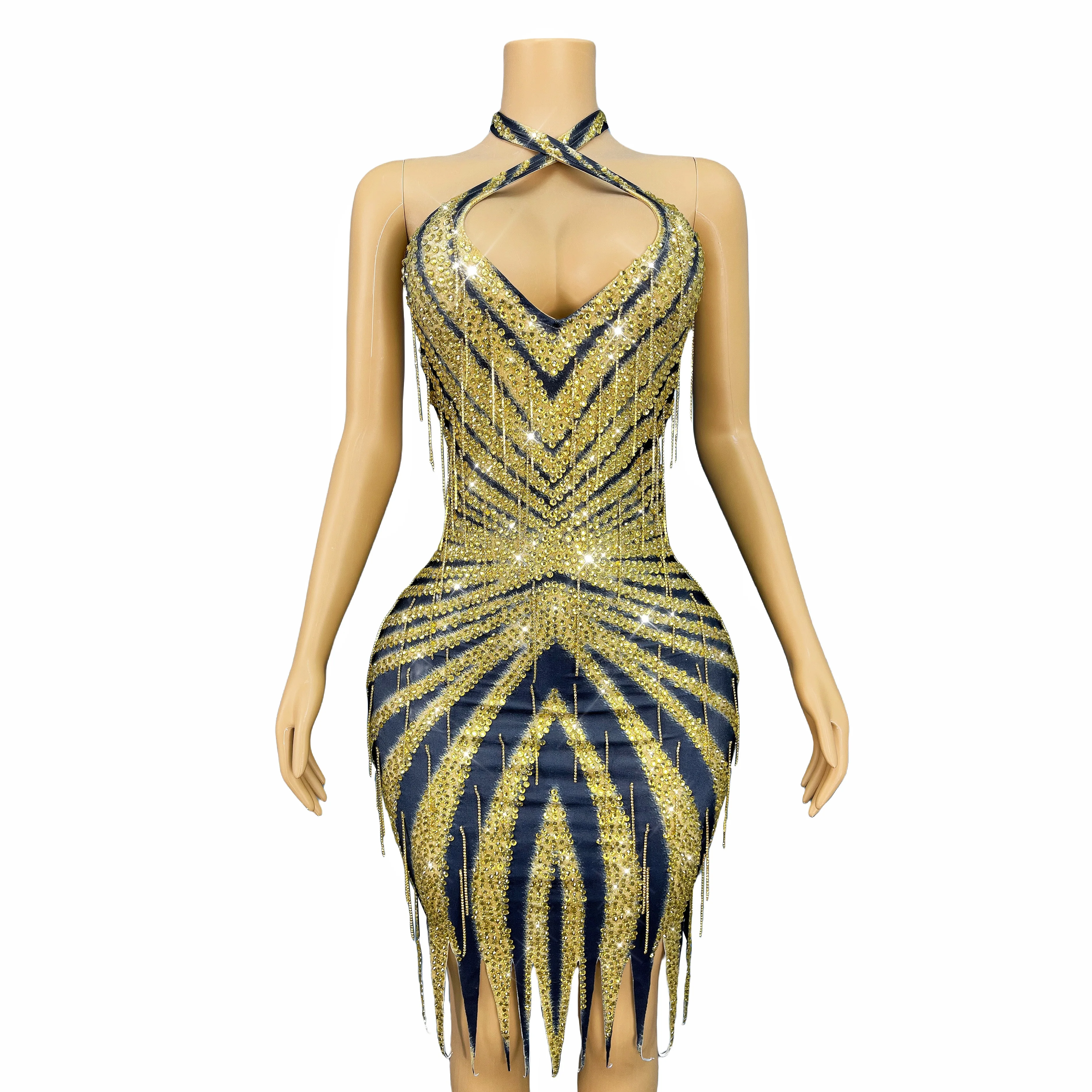 

Роскошное модное платье с мерцающими золотыми кристаллами и цепочками с открытой спиной, женское вечернее платье, наряд для красной ковровой дорожки Jinmangwen