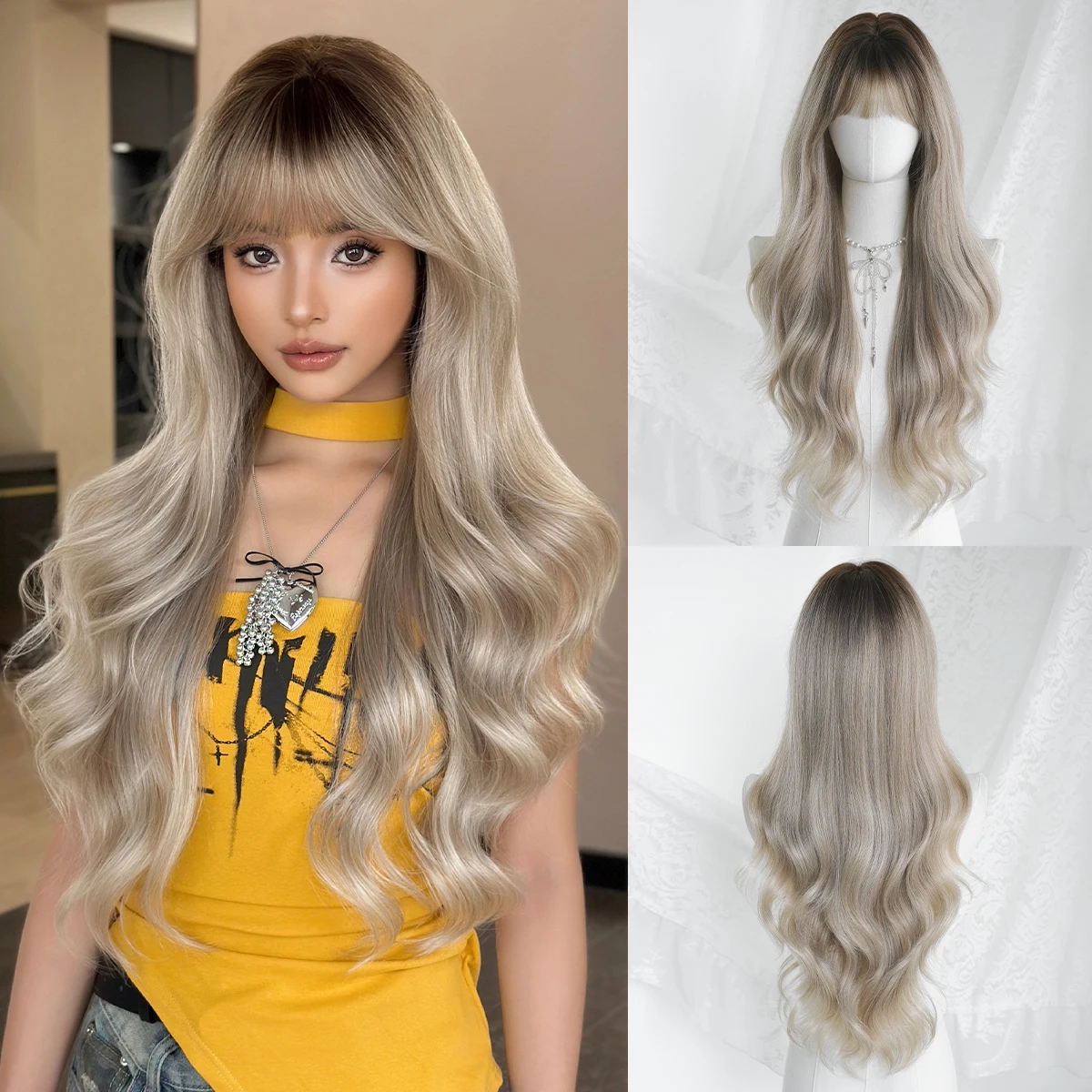 7JHH WIGS Lange, gewellte, aschsilberne Perücke für Damen, synthetische, hitzebeständige, modische Perücke zum sofortigen Tragen mit dunklen Ansätzen