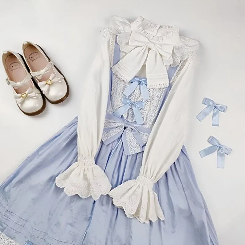 ロリータ風インナーロングスリーブ春秋ハーフハイネックボウフリルキュート万能ジャカードコットンシャツJKブラウス新作