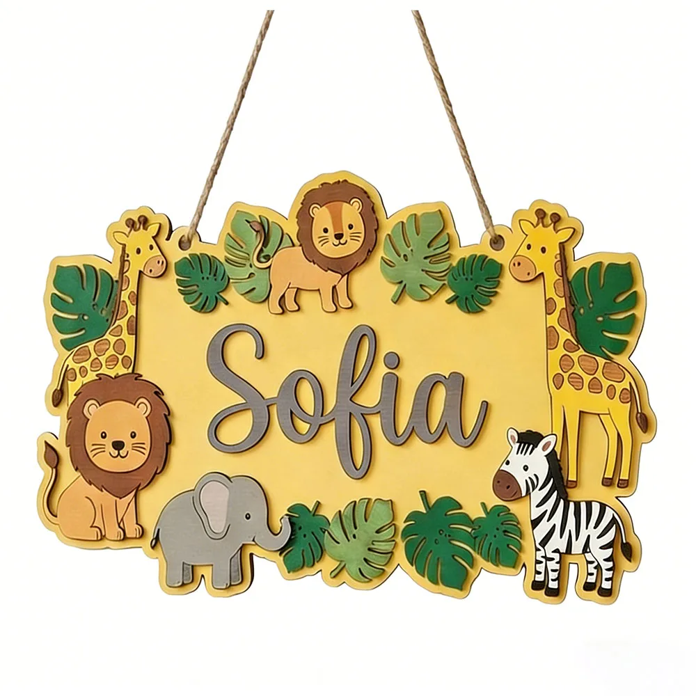 Personalized Safari Name Sign, Cute Yellow Jungle Wooden Nursery Decor, Lion Giraffe Door Plaque, Unique Animal Lover Gift image 2