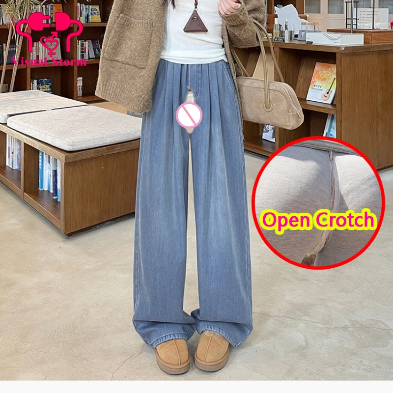 Women Fleece Lined Open Crotch High Waist Slimming Jeans Autumn Winter Warm Thick Cotton Thermal Comfortable Fashion Casual
