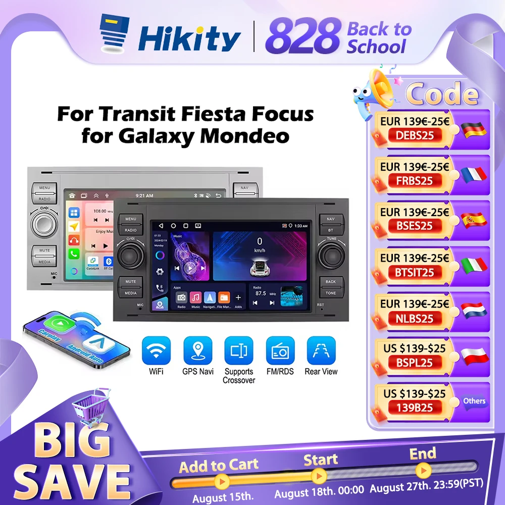 Hikity 7 Carplay Android Auto Car Radio Stereo navigazione GPS per Ford Focus Transit Fiesta Galaxy Mondeo Fusion Kuga C-Max