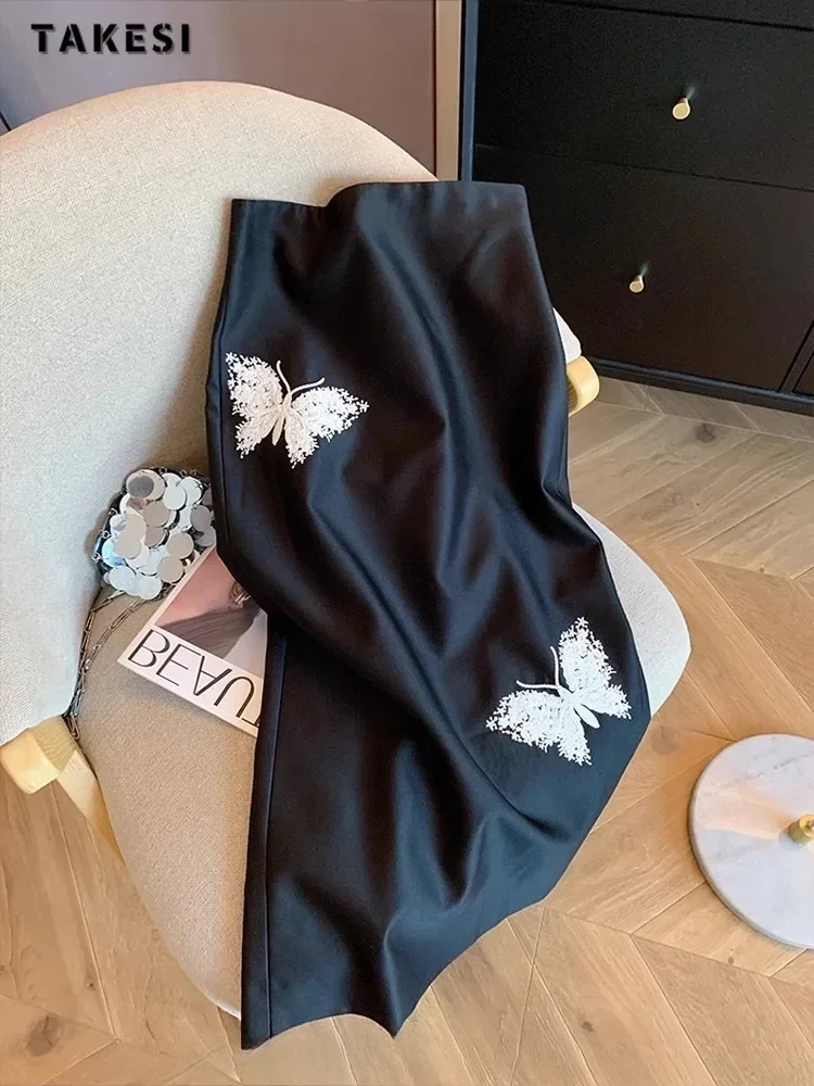 

2024 Autumn Vintage Butterfly Elegant Satin Black Mid Long Skirts Women's Casual High Waist Slim Fit Sexy Retro Style Skirt
