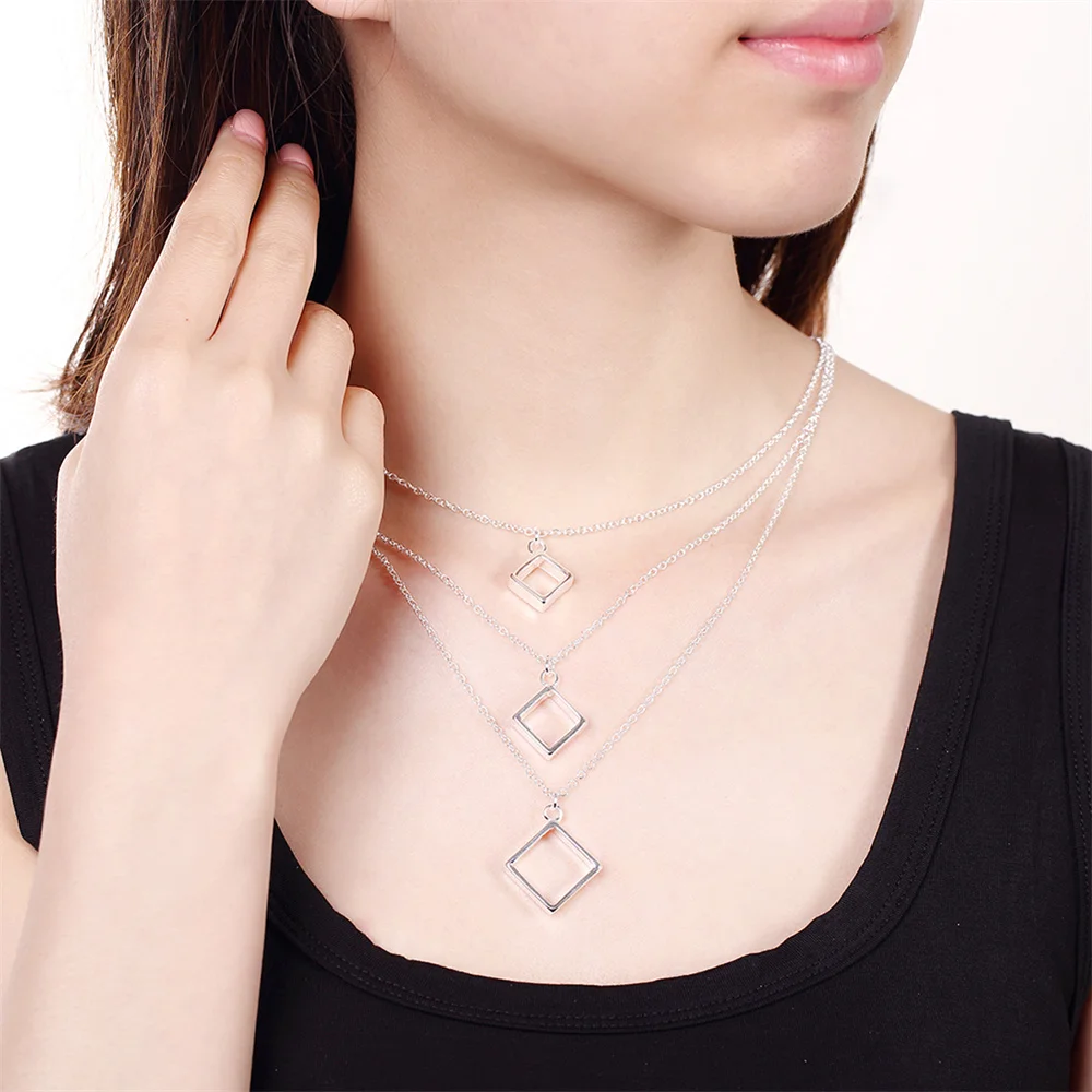 Andara 925 Sterling Silver Perforated Square Pendant Necklace Fashionable Women Party Wedding Engagement Jewelry Gift