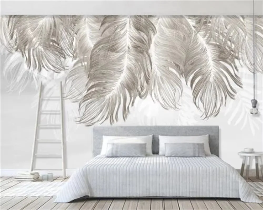 Customized wallpaper, pink feather mural, home decoration, black and white feather decoration painting Tapestry 3d wallpaper