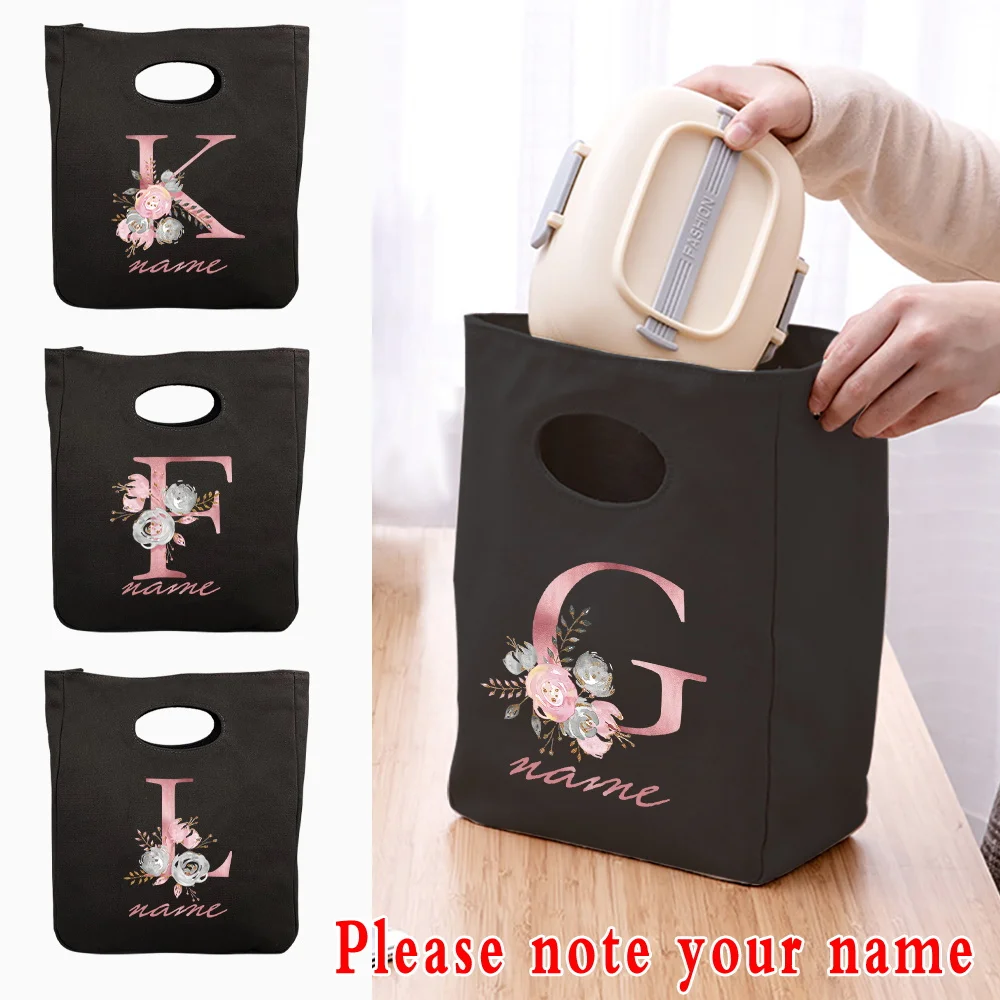 Thermal Lunch Box Custom Name 26 Pink Letter Series Black Handbag Lunch Bags for Women Portable Kids Cooler Bag Food Tote Bag