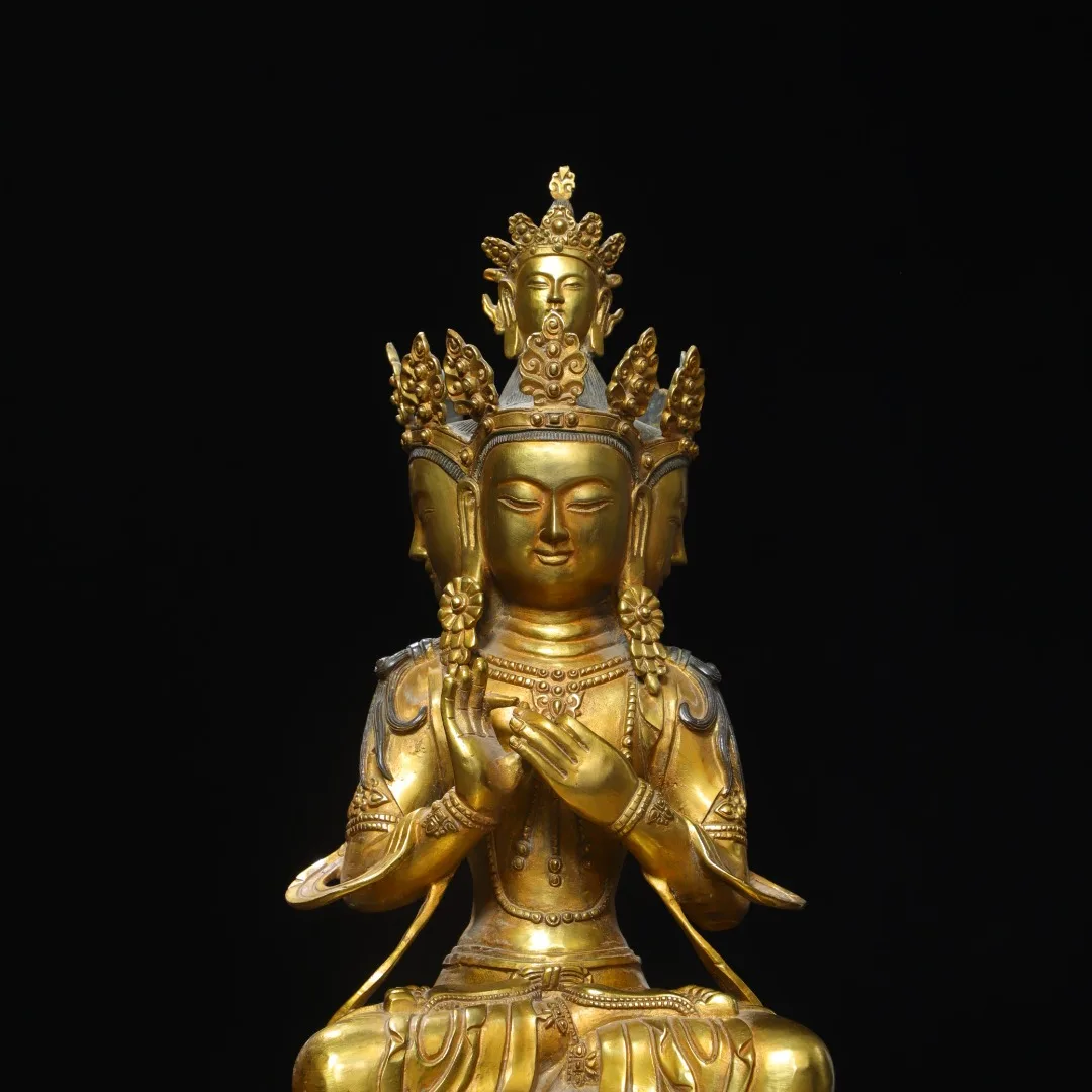 Old Bronze Gilded Cinnabar Three sided Buddha headed Guanyin sitting Buddha Worship Hall Town house Exorcism