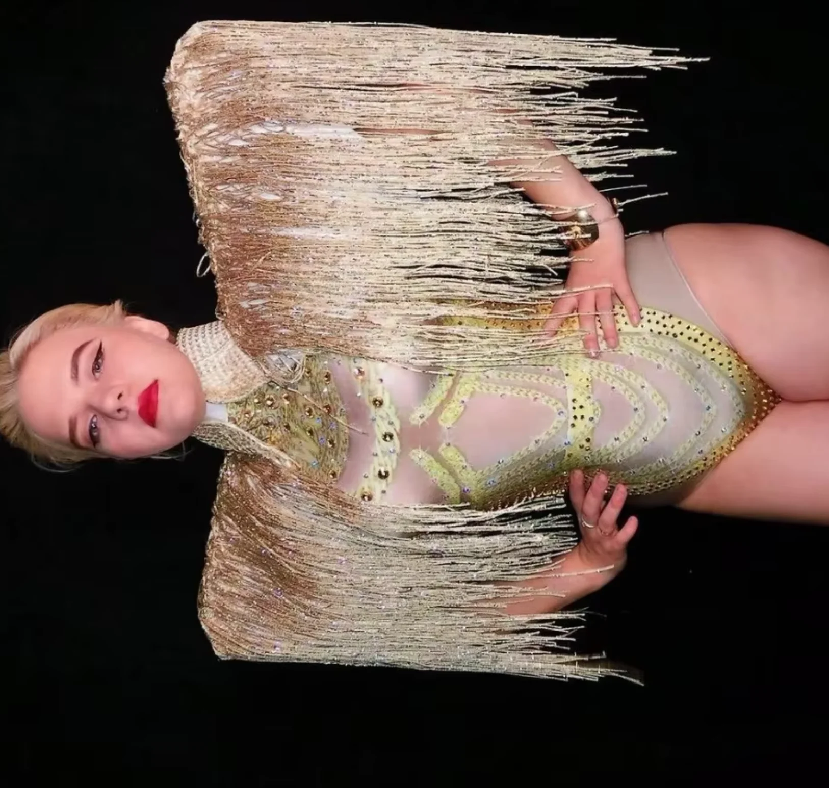 

Gold Tassel Cape Sparkling Crystals Jumpsuit Women Sexy Stage costume Nightclub Party Stage Wear Dancer Singer Bodysuit