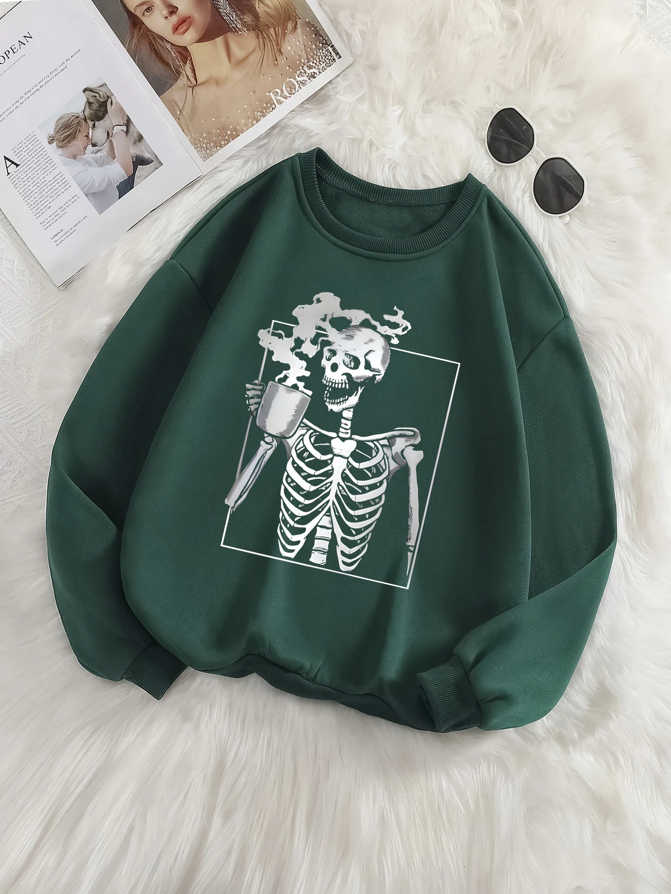 Day of the Dead [Festival Orientation] Sweet Cool Simple Skull Print Casual Hoodless Comfortable Top,Green Women\'s Sweatshirt