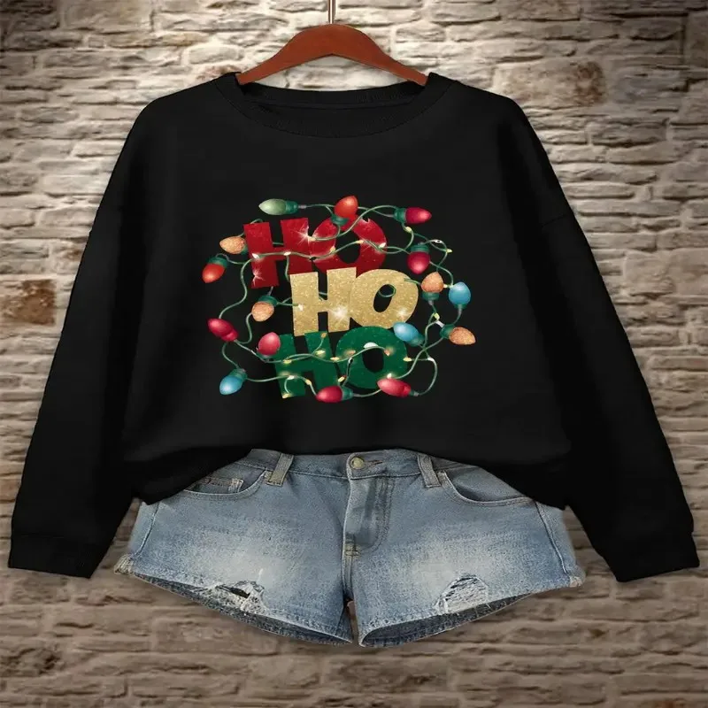 

Зима-Осень Женская одежда больших размеров Женский свитшот большого размера HO HO Красочный арт-дизайн Светлое дерево Графика с длинным рукавом Y2k