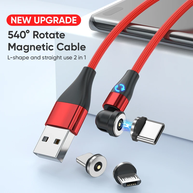 Magnetic Micro USB Type C Charging Cable for Xiaomi Samsung Huawei POCO Redmi 3 in 1 540 Rotate LED Magnetic Cable for iPhone