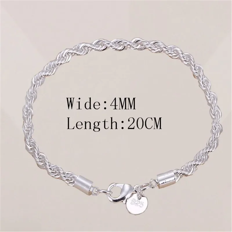 Pulsera de cuerda trenzada de Plata de Ley 925 para hombre y mujer, brazalete de cadena minimalista a la moda, regalo de joyería Unisex, 4MM