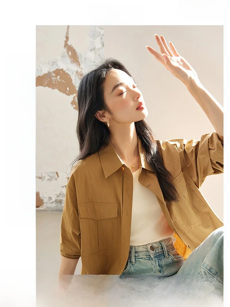 

Casual Long Sve irt Women's Spring Autumn Slim Design oulder Drop down Ele Sle Cotton Blend Button up irt