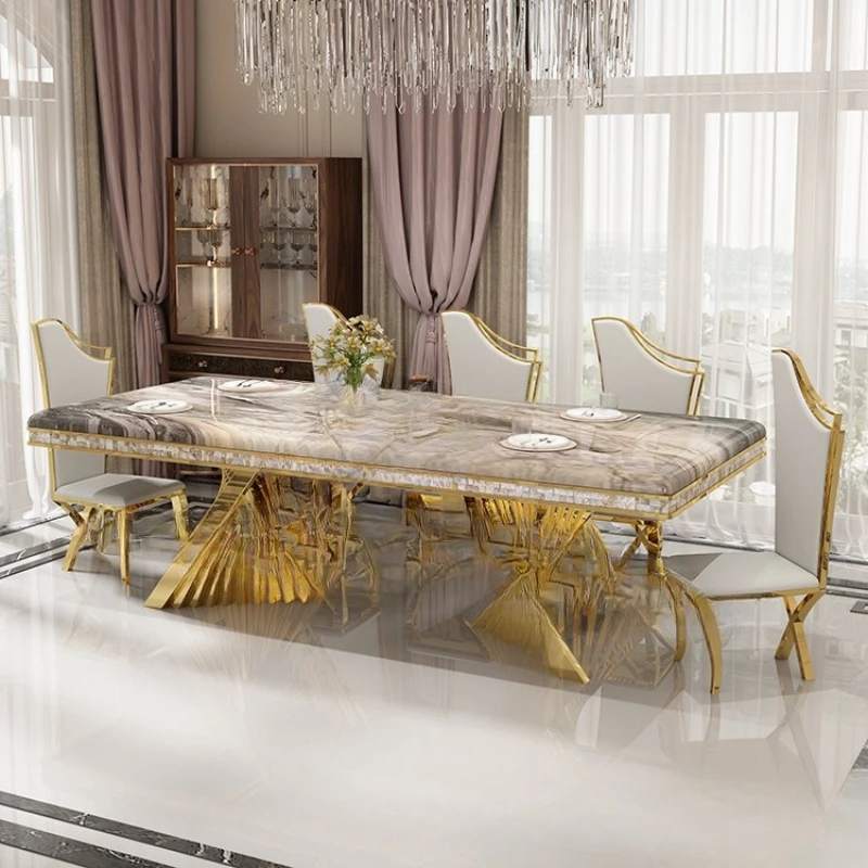 

Light luxury stainless steel marble dining table and chair combination simple modern restaurant high-end household table