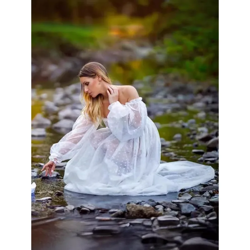 Ponto branco ver através do vestido de maternidade, vestido longo fotografia, vestido prenhe, tiro fotográfico maternidade, tule elegante