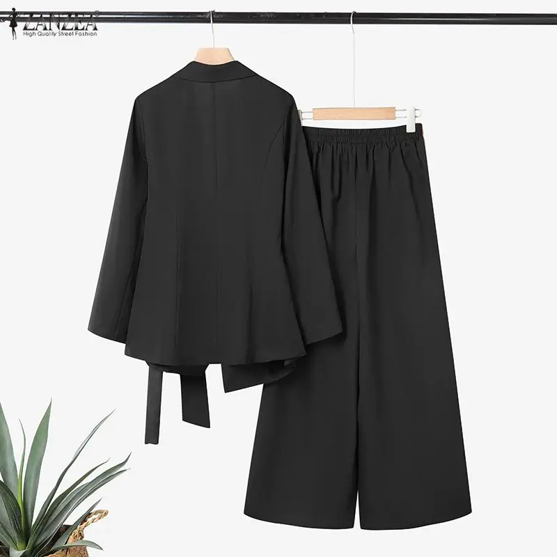 Women's Elegant Pant Suits Outfits, Notch Lapel Long Sleeve Tie-Waist Blazer & Wide Leg Pants 2 Piece Sets, ZANZEA Woman Clothes