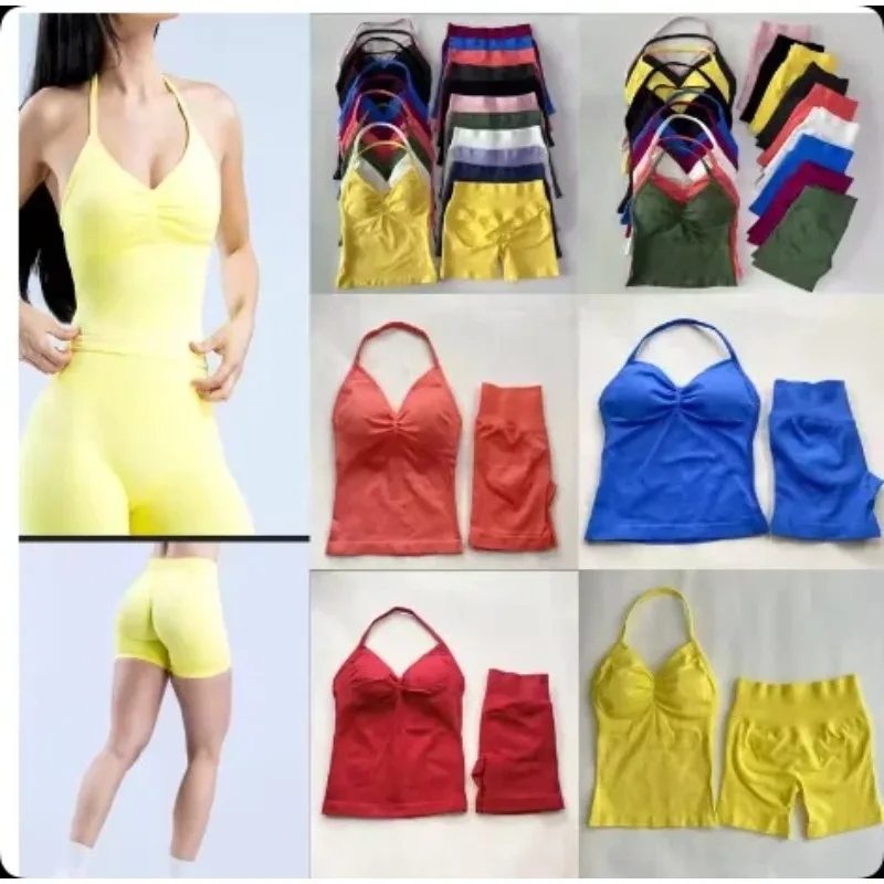 

2 Pieces Women Yoga Set Seamless Impact Longline Strappy Tank Top Scrunch Sports Shorts Gym Clothes Woman Summer Workout Outfit
