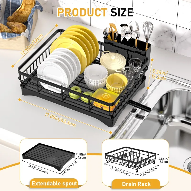 

Kitchen Dish Drainer Rack - Countertop Organizer for Plates/Bowls & Utensils, Space Saving Storage Shelf with Drip Tray